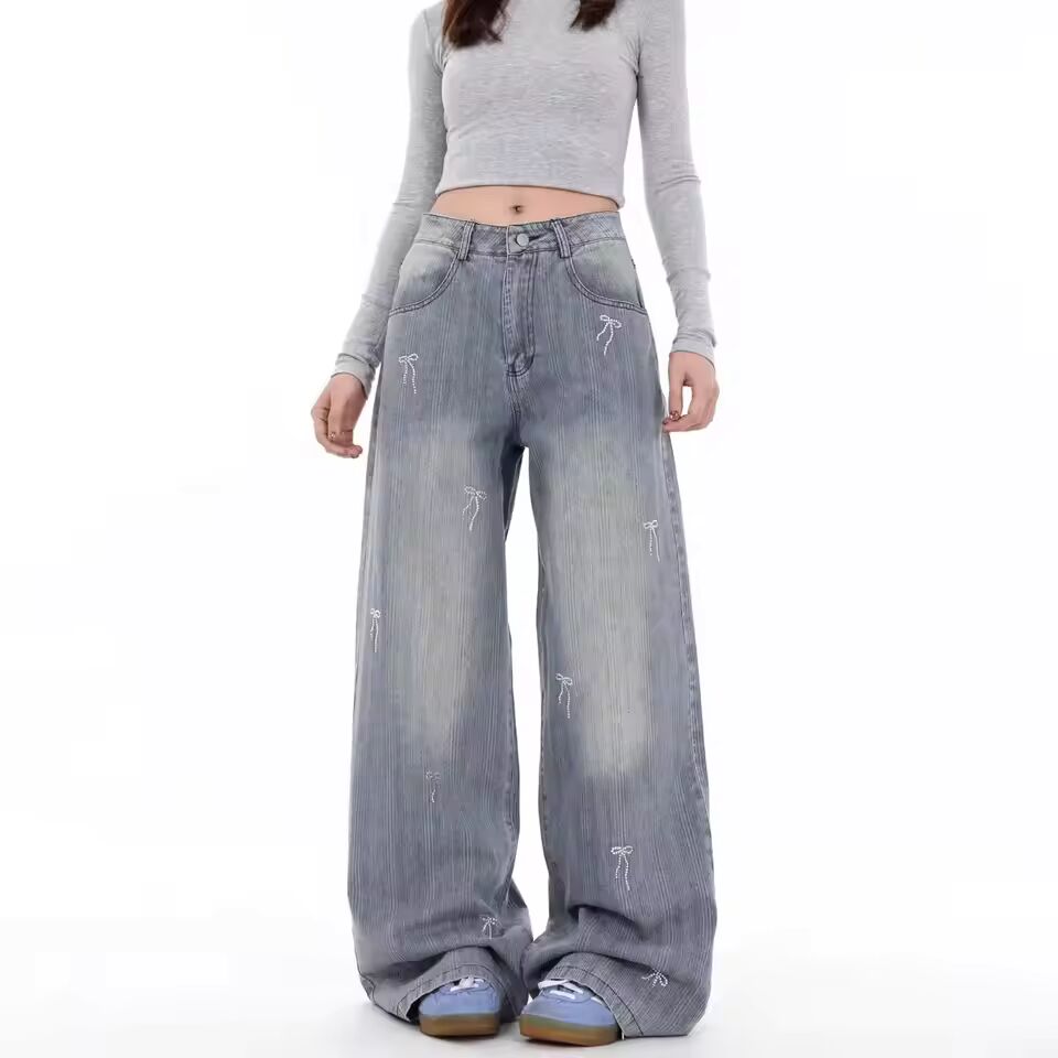 Bow embroidered straight jeans for women new niche loose slimming wide-leg pants trendy internet celebrity