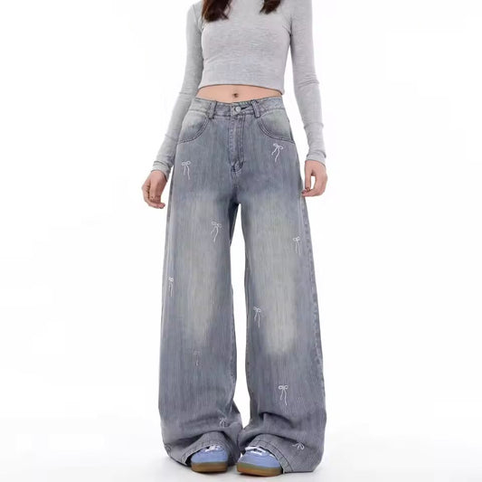 Bow embroidered straight jeans for women new niche loose slimming wide-leg pants trendy internet celebrity