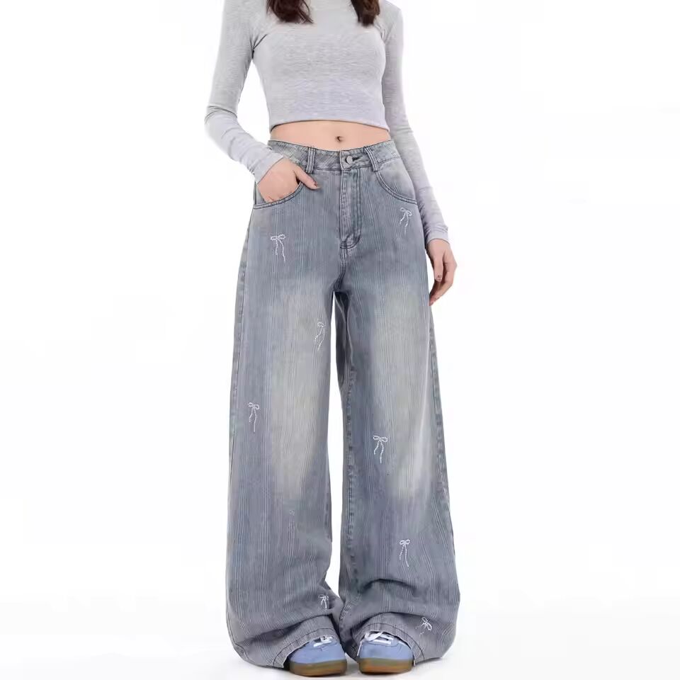 Bow embroidered straight jeans for women new niche loose slimming wide-leg pants trendy internet celebrity
