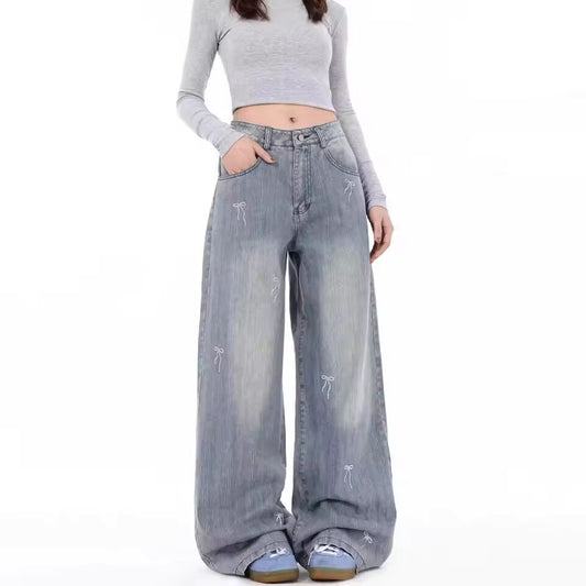 Bow embroidered straight jeans for women new niche loose slimming wide-leg pants trendy internet celebrity