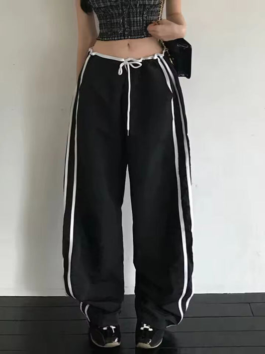 Fashion Patchwork Loose Side Stripe Chic Women Long Pants Trendy Spliced Causal Simple Summer Trousers